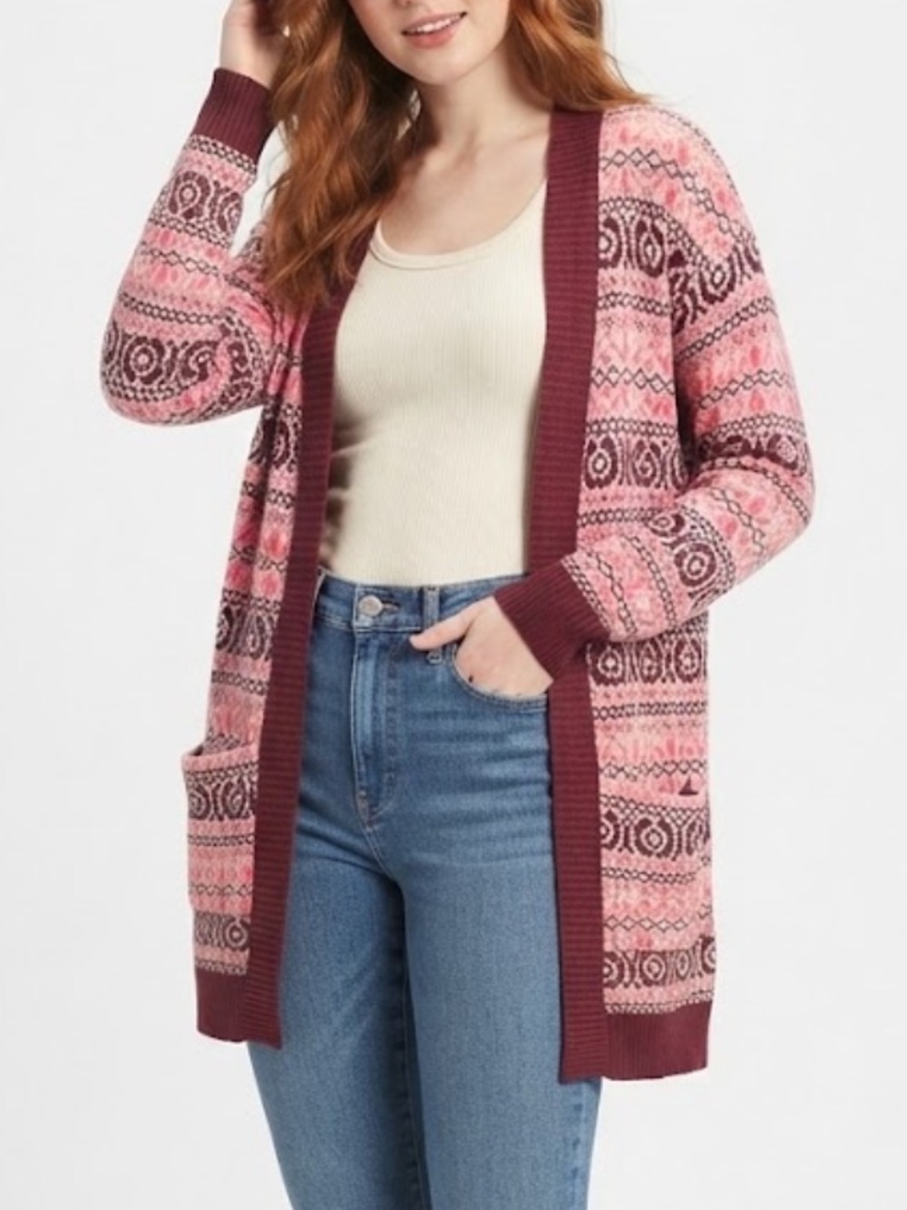 Matilda Jane Pink Patterned Open-Front Long Cardigan Sweater Size Large